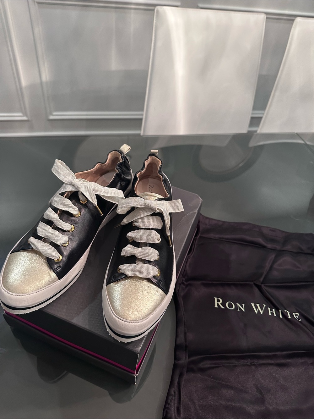 Ron White Black Leather Sneakers with Metallic Silver Toe